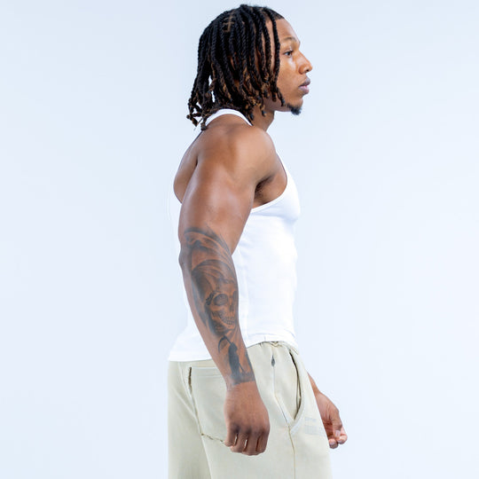 White ribbed sleeveless vest with high rounded back