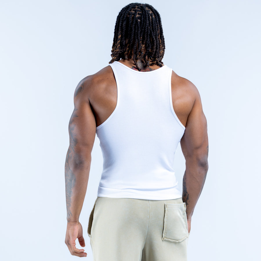 White ribbed tank vest, sleeveless crew neck back view