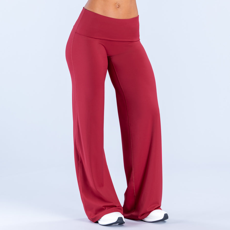 Burgundy foldover wide-leg pants, high waist and draped flared legs