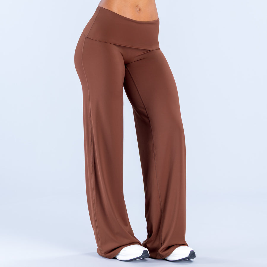 Fold-over wide-leg pants in rust brown, front view with relaxed fit