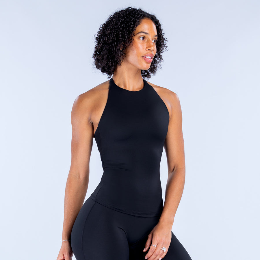 Black fitted halter longline top with racerback straps