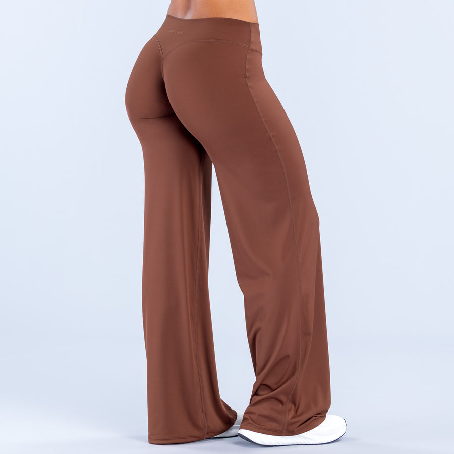 Brown wide-leg pants, back view, high-rise waistband and wide flared legs