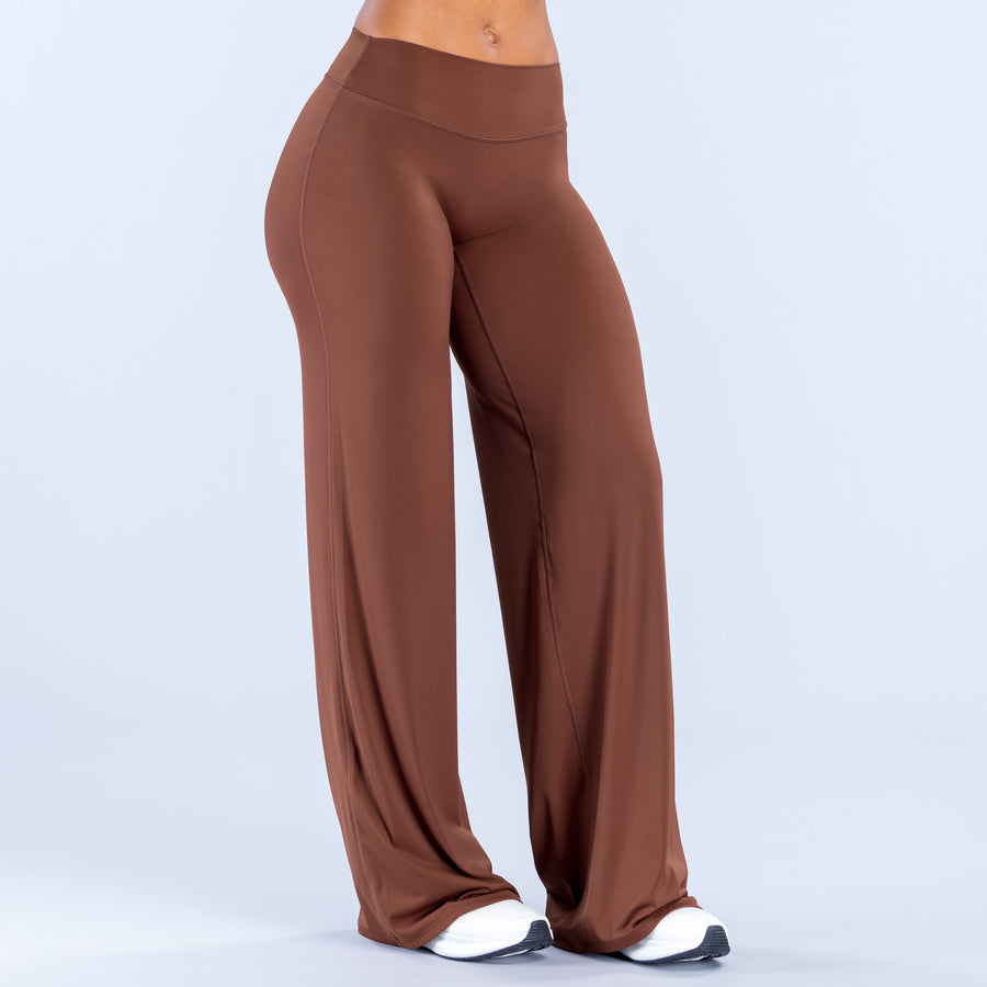 Brown wide-leg pants, front view, smooth drape with wide straight openings