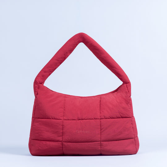 Red quilted puffer hobo bag with short top handle