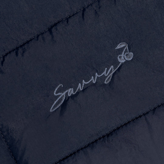 Sav puffer bag embroidered script logo on quilted dark fabric