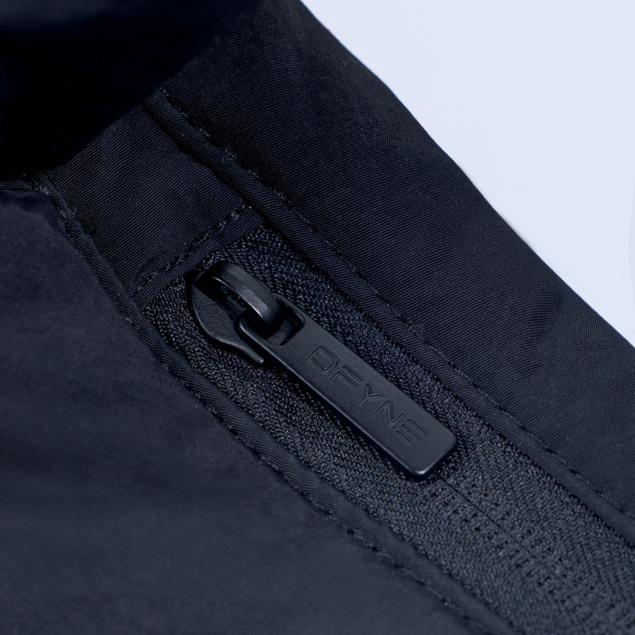 Sav puffer bag zipper detail with fabric channel seams and dark hardware tab