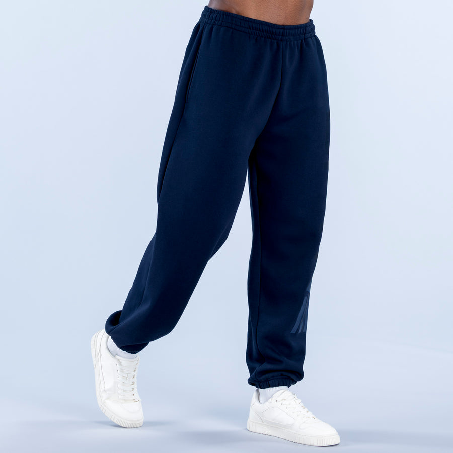 Dark navy cuffed joggers with elastic waistband and small logo at lower leg