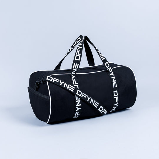 Black duffle bag with white logo strap and front zipper pocket