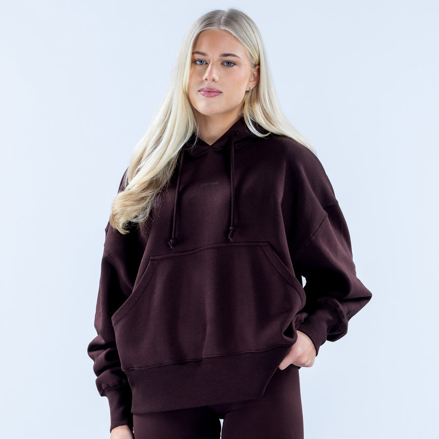 Dark maroon pullover hoodie with kangaroo pocket and drawstring hood
