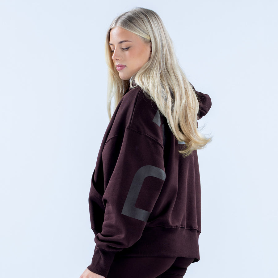 Dark maroon pullover hoodie with side view and kangaroo pocket
