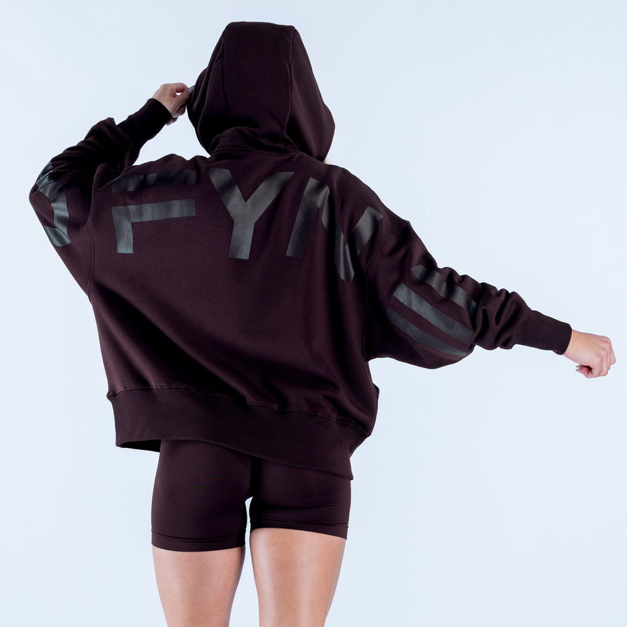 Dark maroon hoodie back view with large graphic and drawstring hood