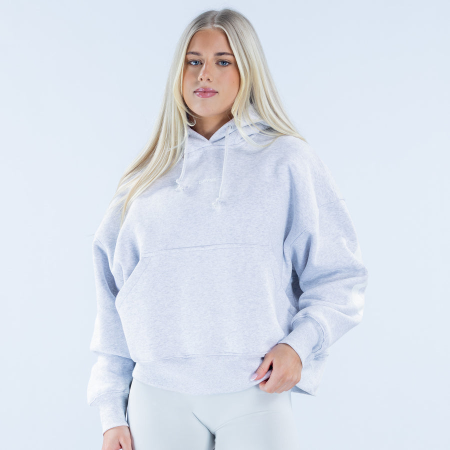 Light blue pullover hoodie with hood and kangaroo pocket, long sleeves