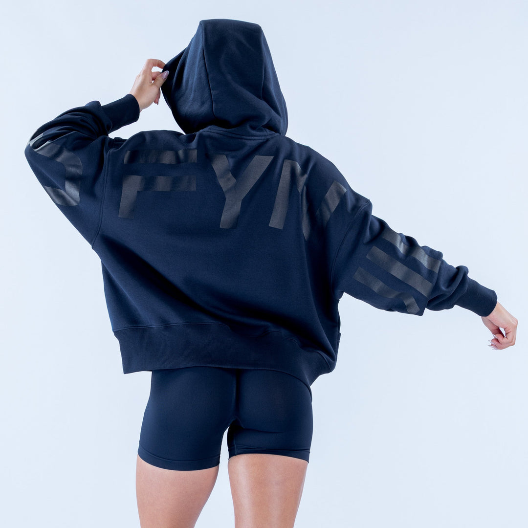 Women's dark navy hoodie with hood up, front pocket, and long sleeves
