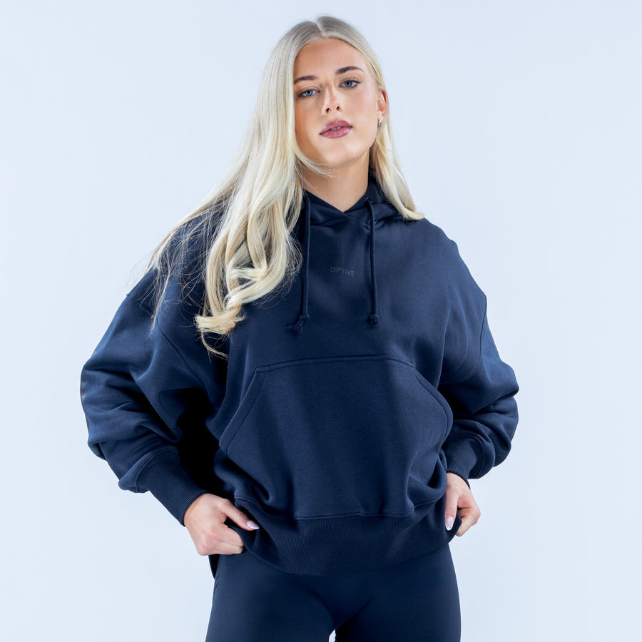 Navy hoodie with hood and drawstrings, front pocket, relaxed fit