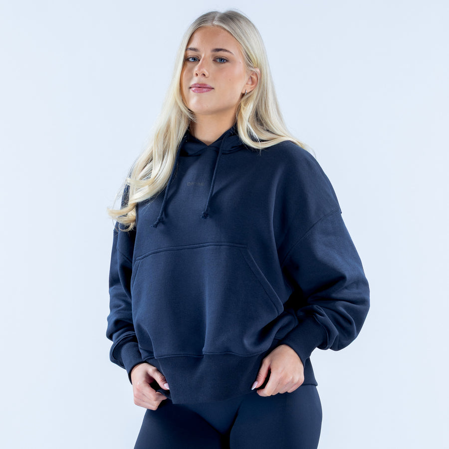 Navy pullover hoodie with hood and drawstring, front kangaroo pocket