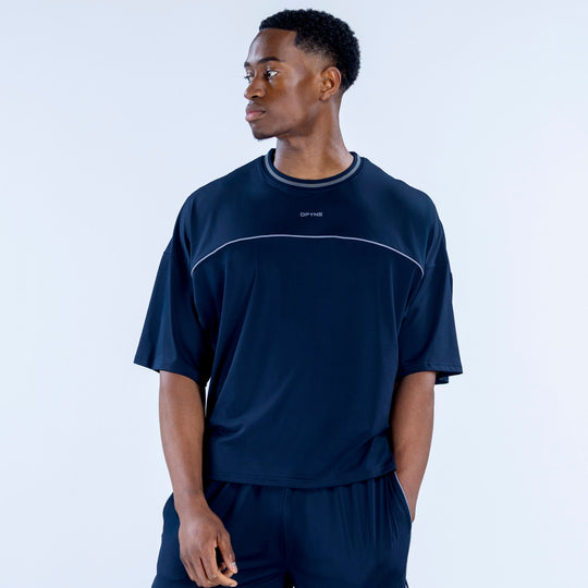 Navy crew-neck jersey with short sleeves and small chest logo embroidery