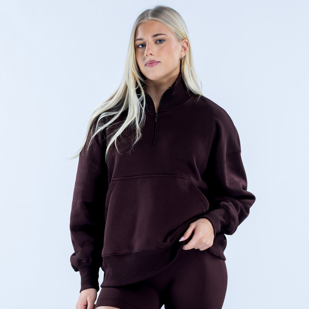 Dark plum quarter-zip sweatshirt with kangaroo pocket, long sleeves