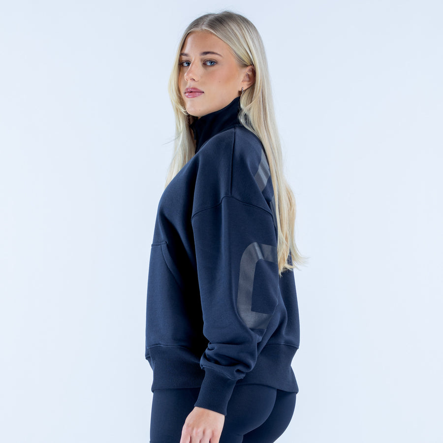 Dark quarter-zip sweatshirt featuring stand collar and ribbed cuffs, long sleeves