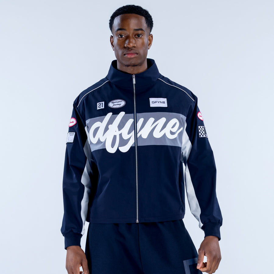 Two-tone track jacket with full zipper; large script chest print, long sleeves, ribbed cuffs