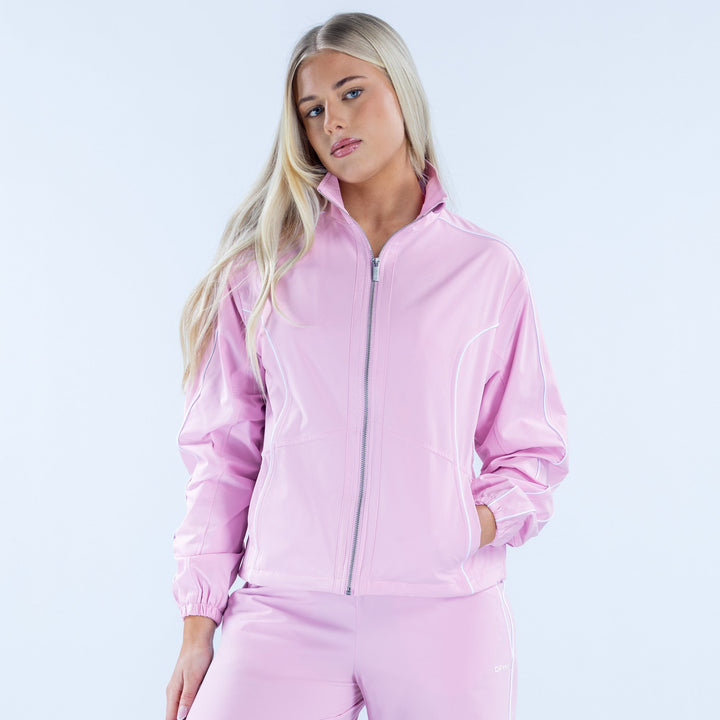 Pink track jacket with full-zip front and stand collar
