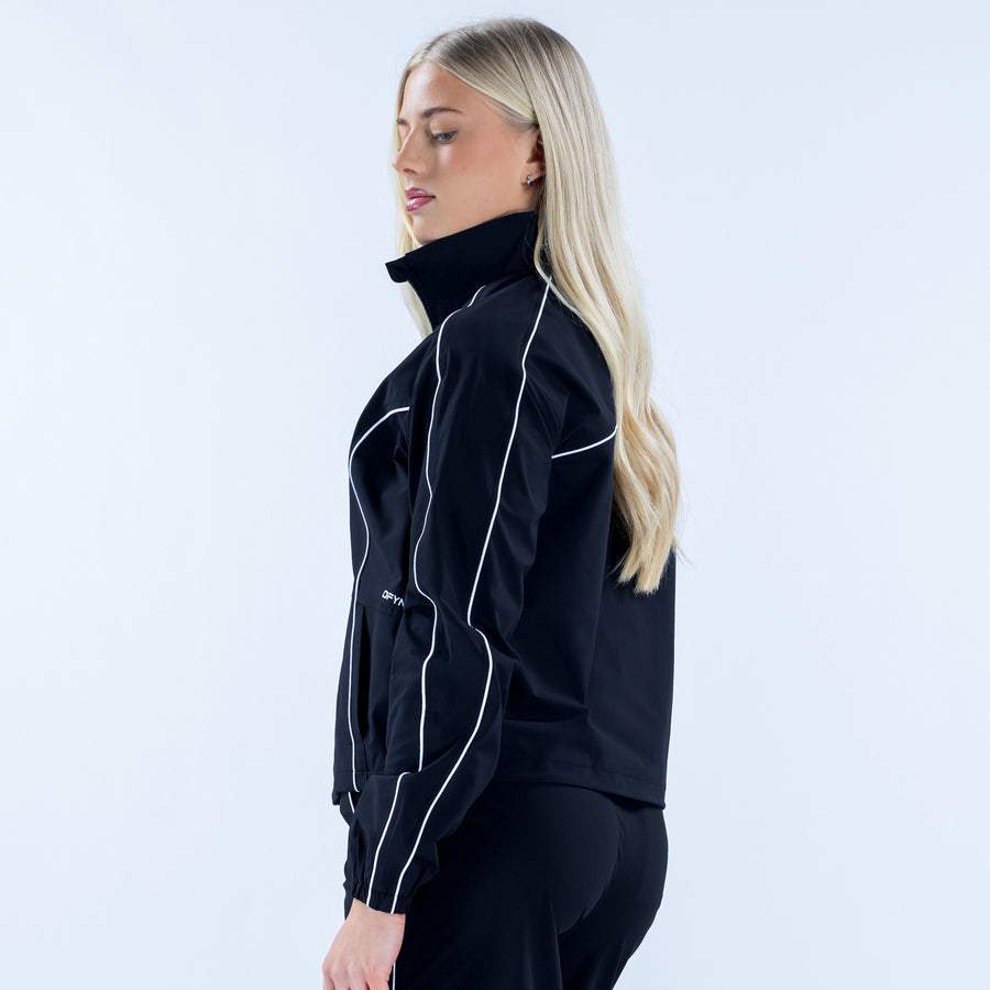 Black track jacket with white piping, full-zip front, stand collar, long sleeves