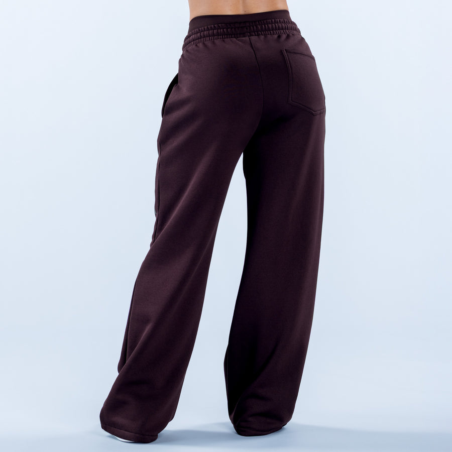 Wide-leg jogger pants in dark plum with elastic waistband and relaxed straight legs
