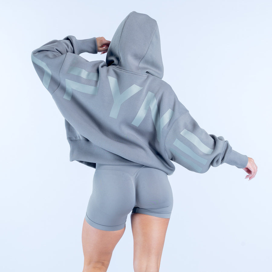 Slate gray hoodie with large back graphic, adjustable hood, kangaroo pocket, long sleeves.