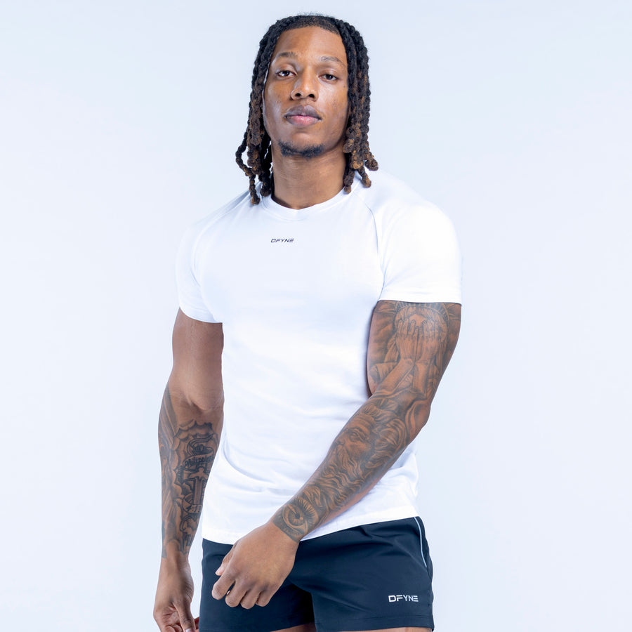 White crew-neck T-shirt with short sleeves and small chest logo
