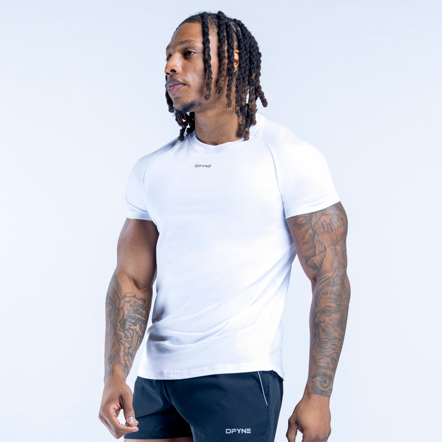 White crew-neck T-shirt, side view, short sleeves