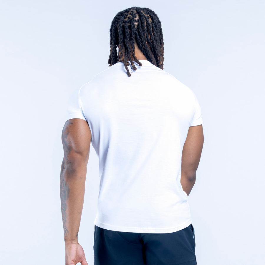White crew-neck T-shirt, back view, short sleeves