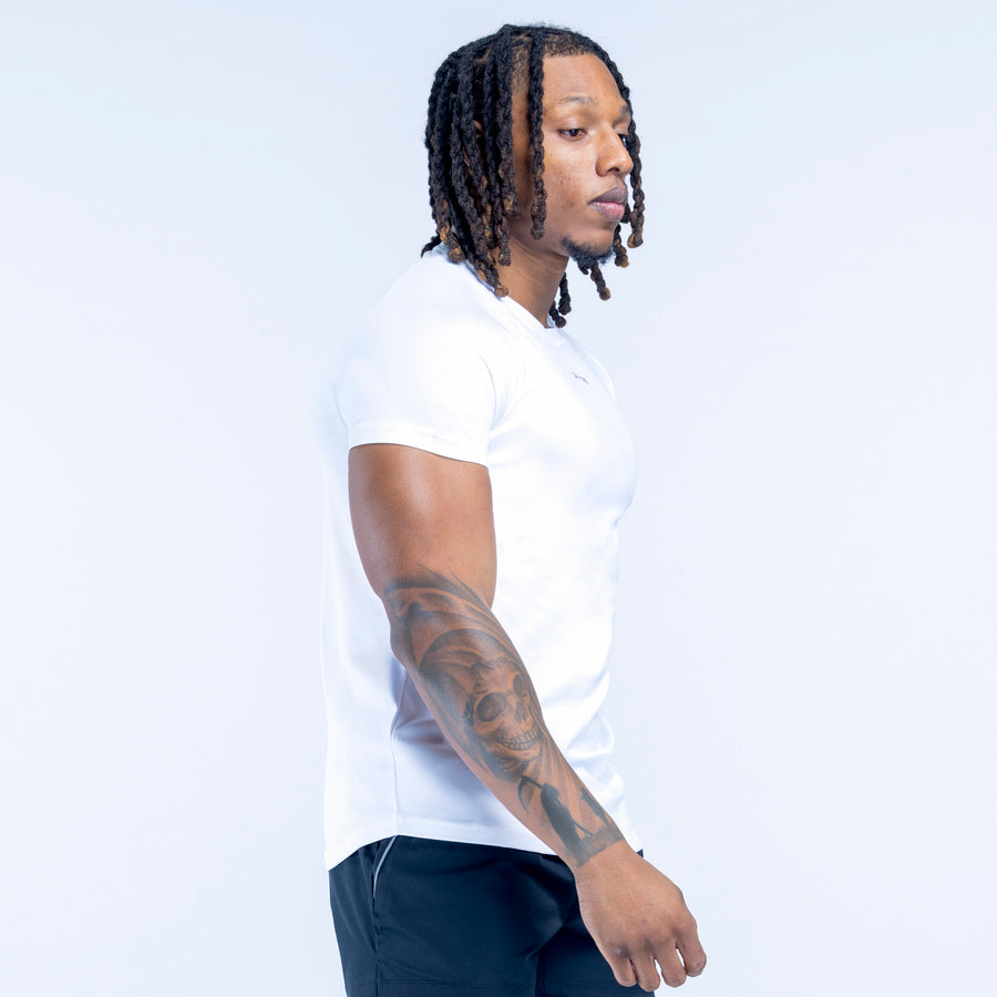 White crew-neck T-shirt, side profile view, short sleeves