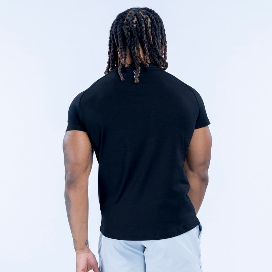 Back of black T-shirt with crew neck and short sleeves