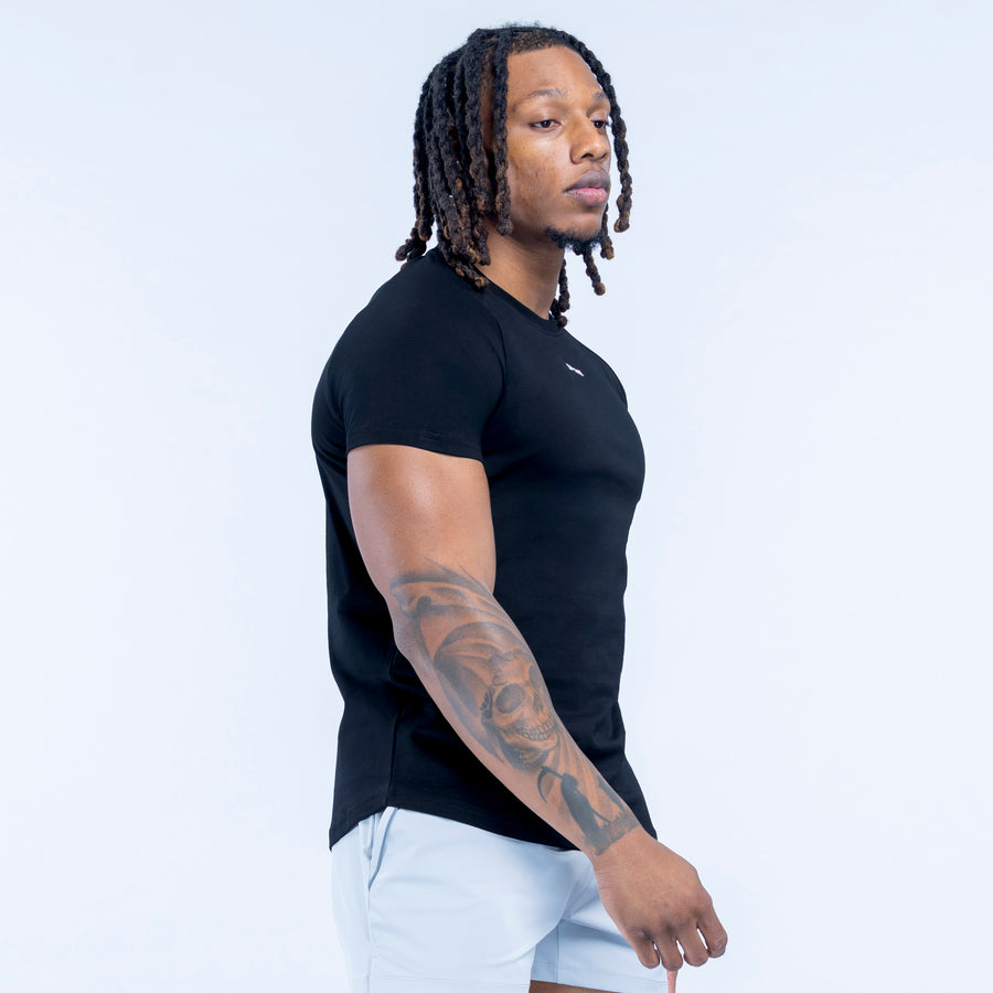 Black T-shirt angled view with small chest logo, crew neck and short sleeves
