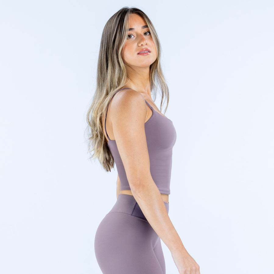 Origin strappy top with scoop neckline, mauve stretch fabric