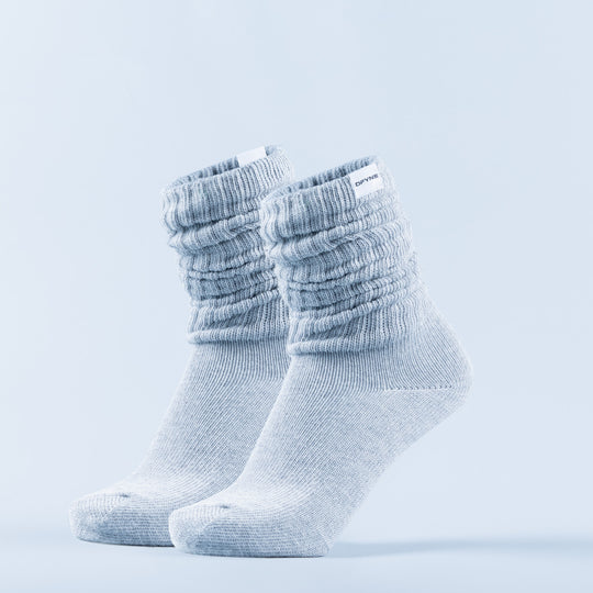 Light blue scrunch socks with gathered cuff and ribbed knit texture