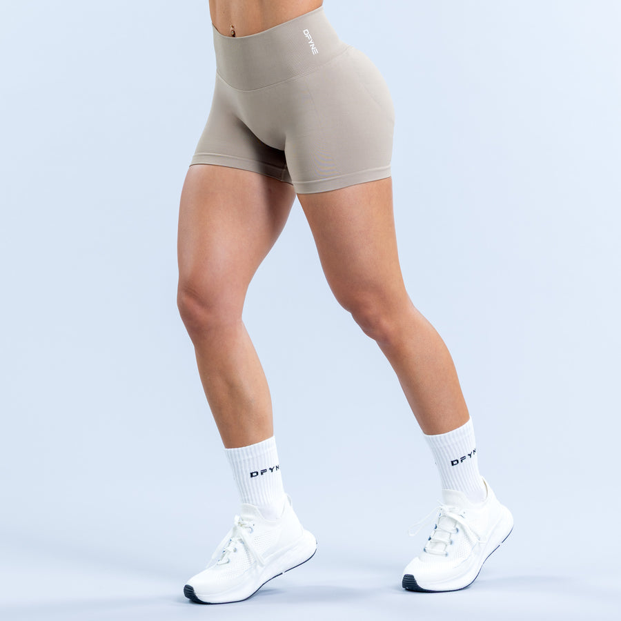 Hannah Pearson 4.5-inch shorts in light taupe, fitted athletic boxer style