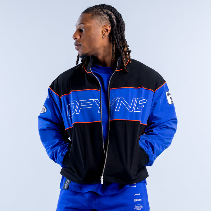 Kids 5th birthday track jacket, black and blue with red trim, full-zip front