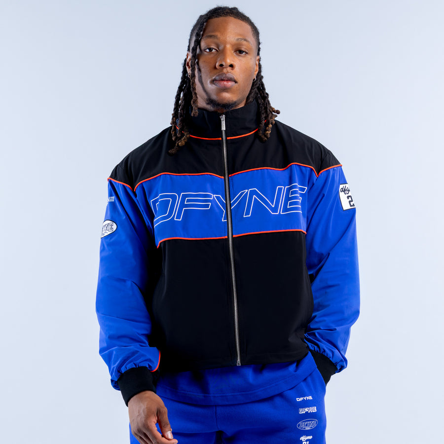 Kids 5th birthday track jacket, black and blue with large front graphic and full zip