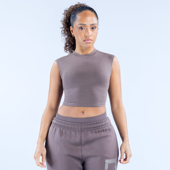 Gray sleeveless crew-neck crop baby tee, fitted cropped length