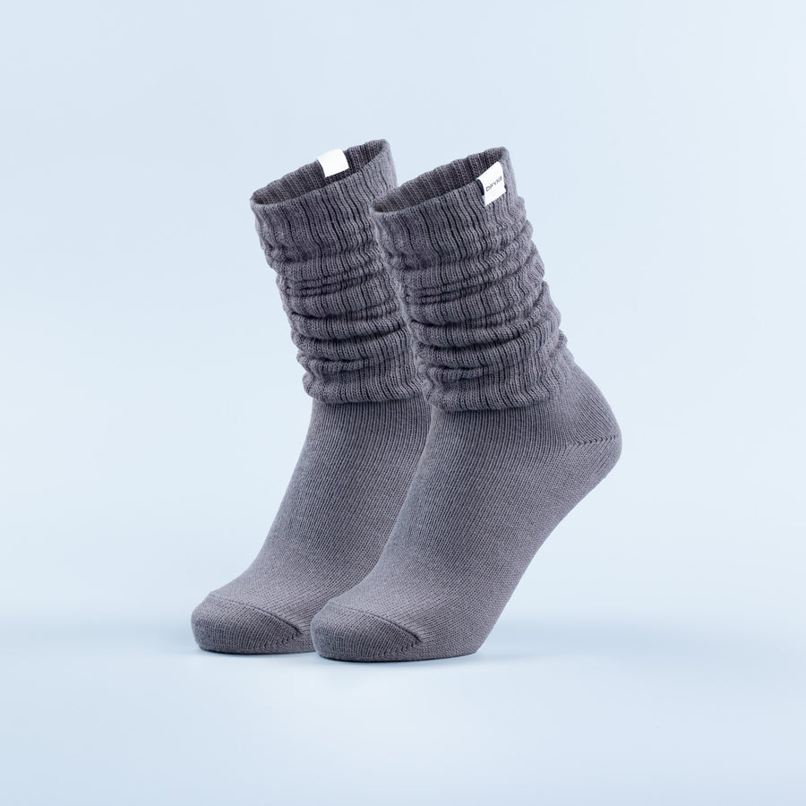 Dark gray scrunch knit socks with folded cuff