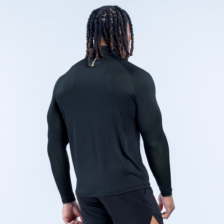 Black quarter-zip athletic top, back view with long sleeves and rear logo