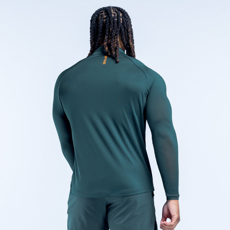 Teal long-sleeve quarter-zip athletic top, back view