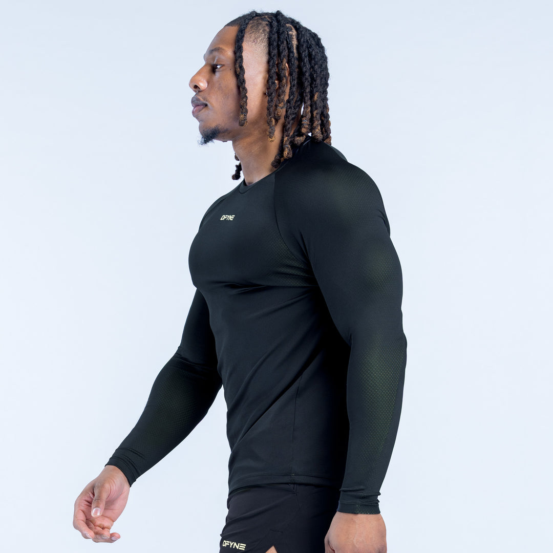 Black long sleeve training T-shirt, side view, crew neck, chest logo