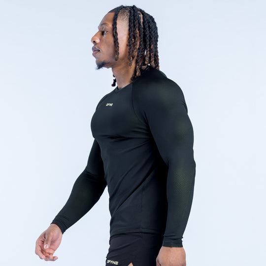 Black long sleeve training T-shirt, side view, crew neck, chest logo