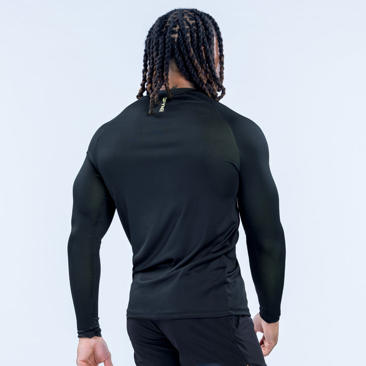 Black long sleeve training T-shirt, back view, small neck logo