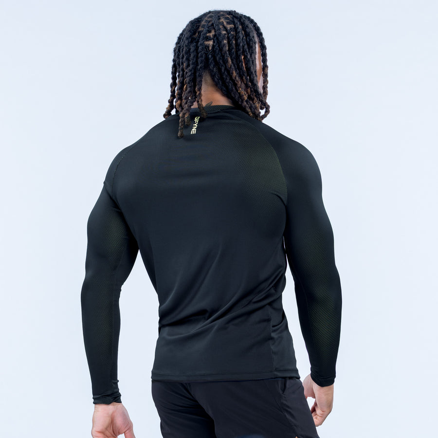 Black long sleeve training T-shirt, back view, small neck logo