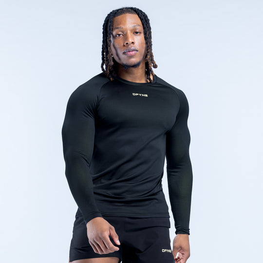 Black long sleeve training T-shirt, crew neck, chest logo and hem logo