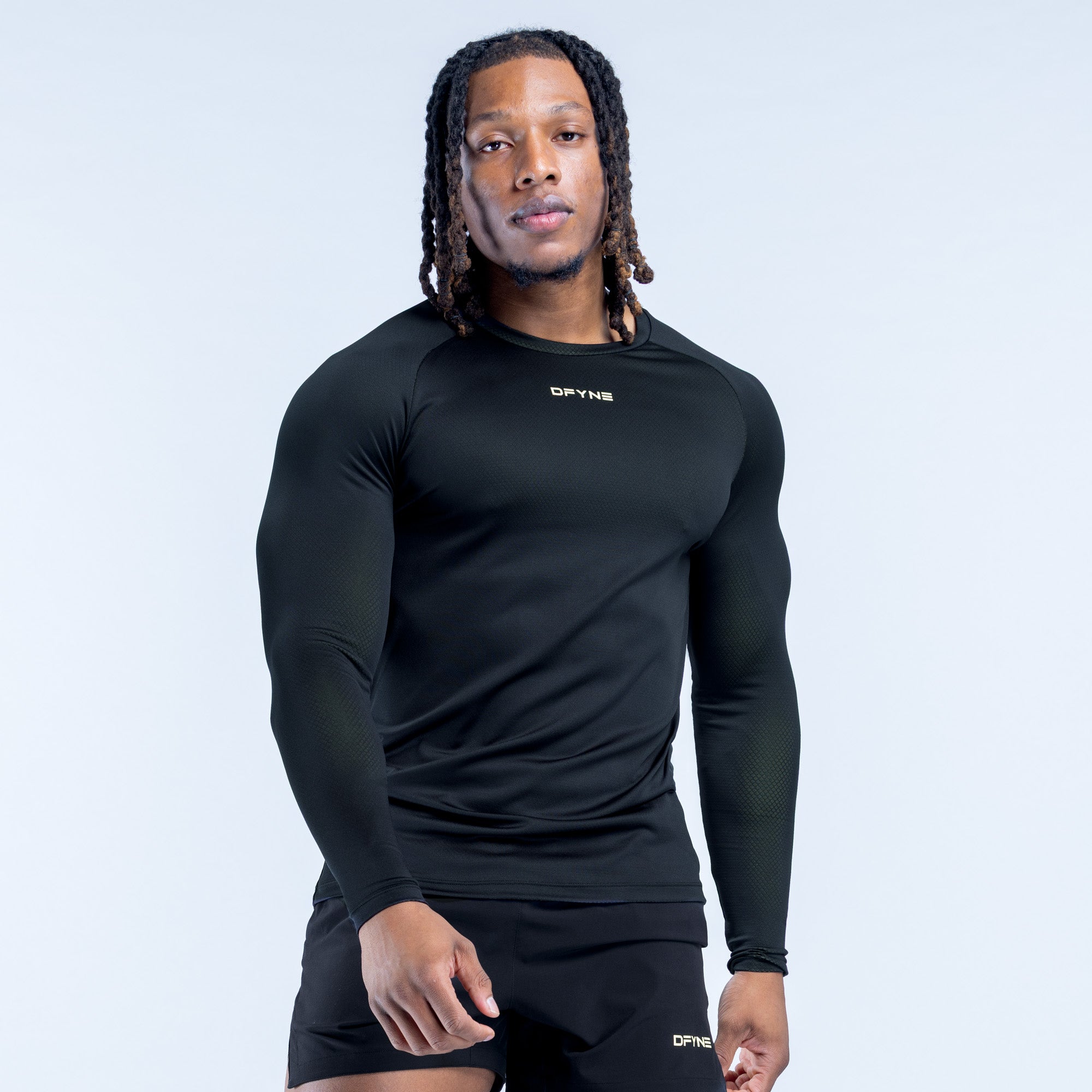 Black long sleeve training T-shirt, crew neck, chest logo and hem logo