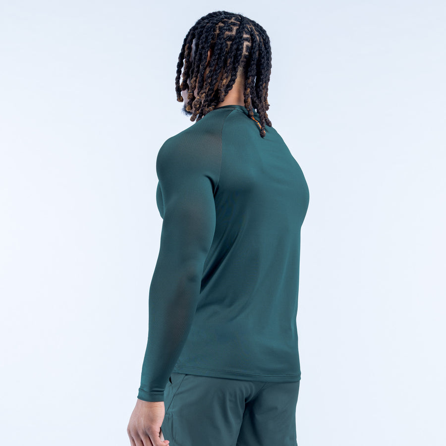 Dark green long-sleeve training T-shirt, back view, crew neck, fitted fit