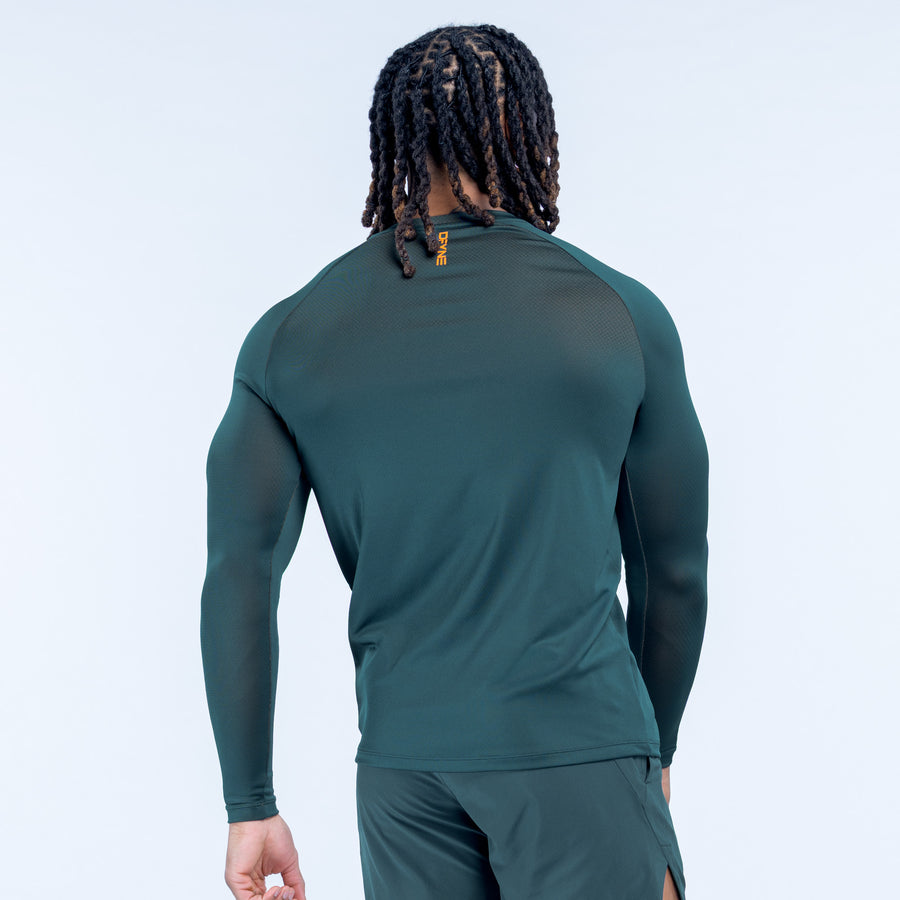 Dark green long-sleeve training T-shirt, back view with small neck logo